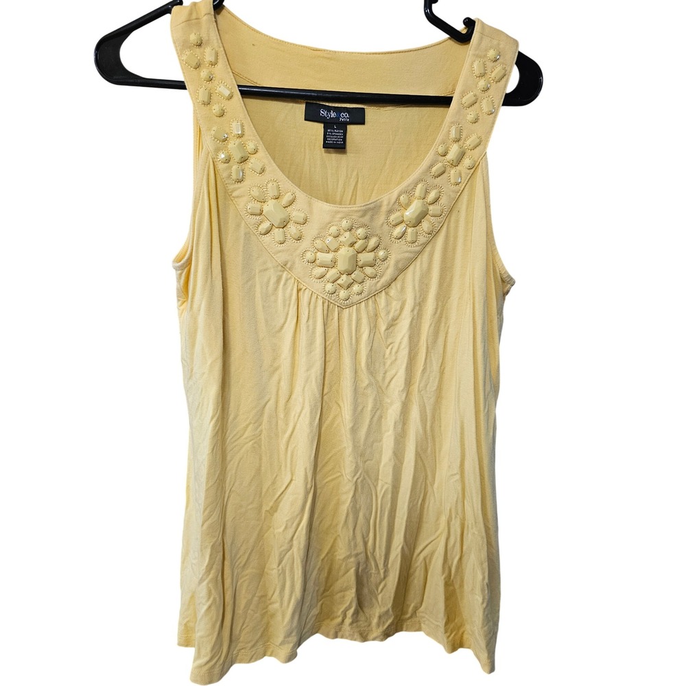 Style & Co Petite Womens Large Yellow Beaded Scoop Neck Sleeveless Tank Top L - Picture 1 of 4